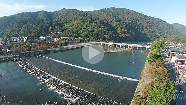 【京都の動画素材レンタル】嵐山渡月橋 空撮